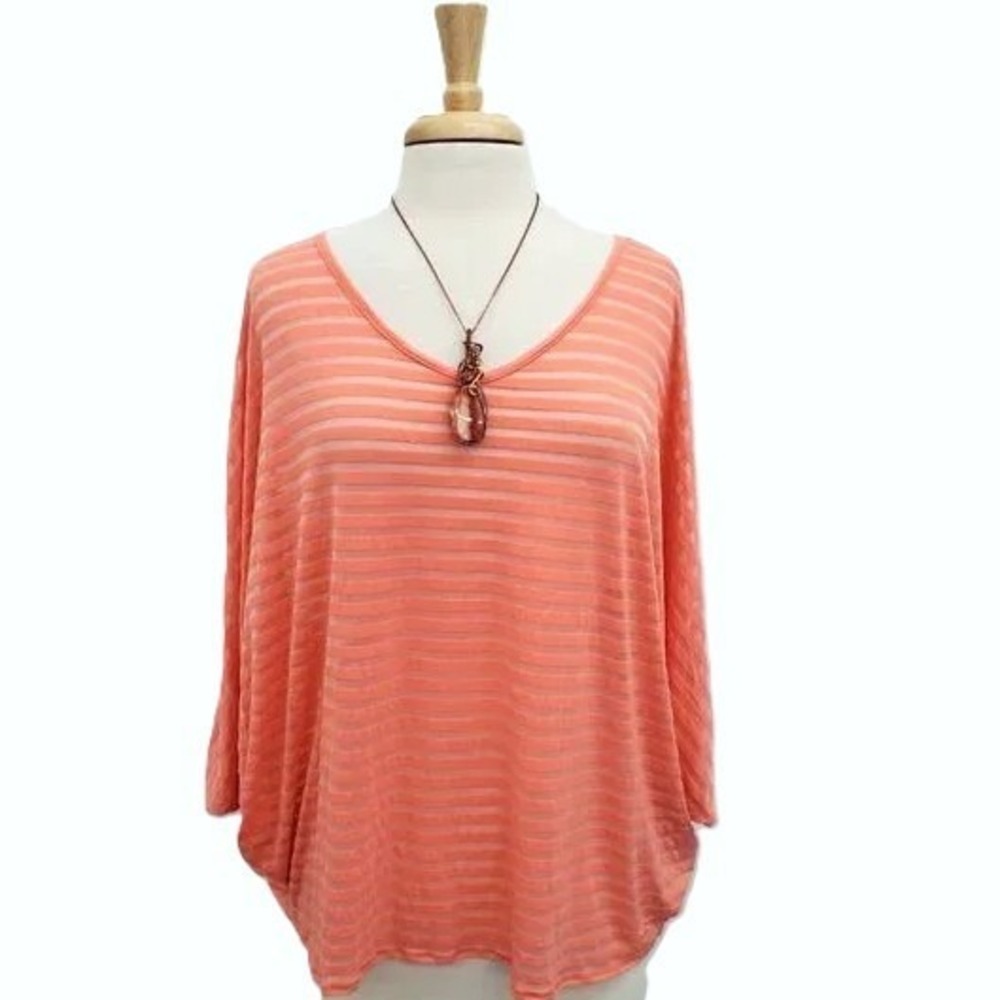 Lane Bryant 14/16 Top V-Neck‎ Dolman Sleeve Semi-Sheer Coral Stripe Lightweight